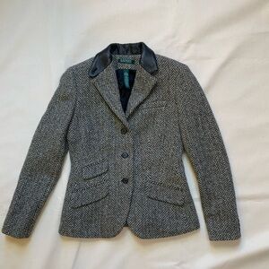 Ralph Lauren Black and Gray Wool & Leather Herringbone Blazer Size 2